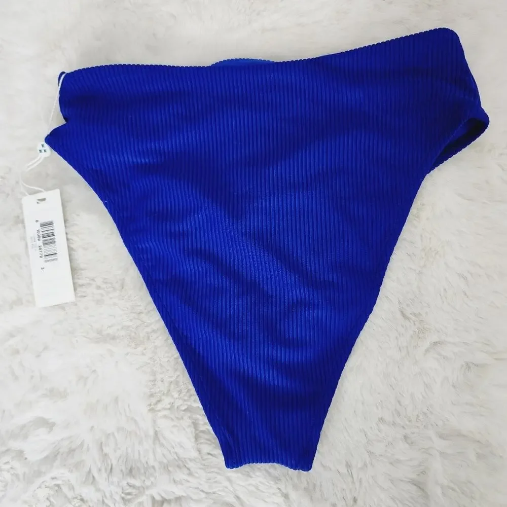Frankies Bikinis Jenna Ribbed High Waist Bikini Bottom Cerulean Blue NWT Small